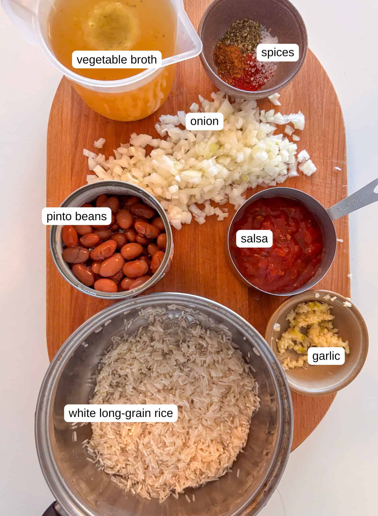 ingredients overview photo for this spanish rice and beans recipe: vegetable broth, spices, onion, pinto beans, salsa, white rice, garlic