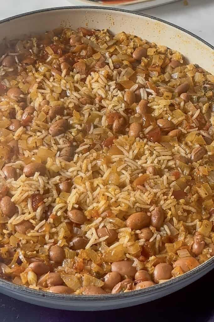 the finished Spanish rice and beans once the rice has abosrbed the vegetable stocj