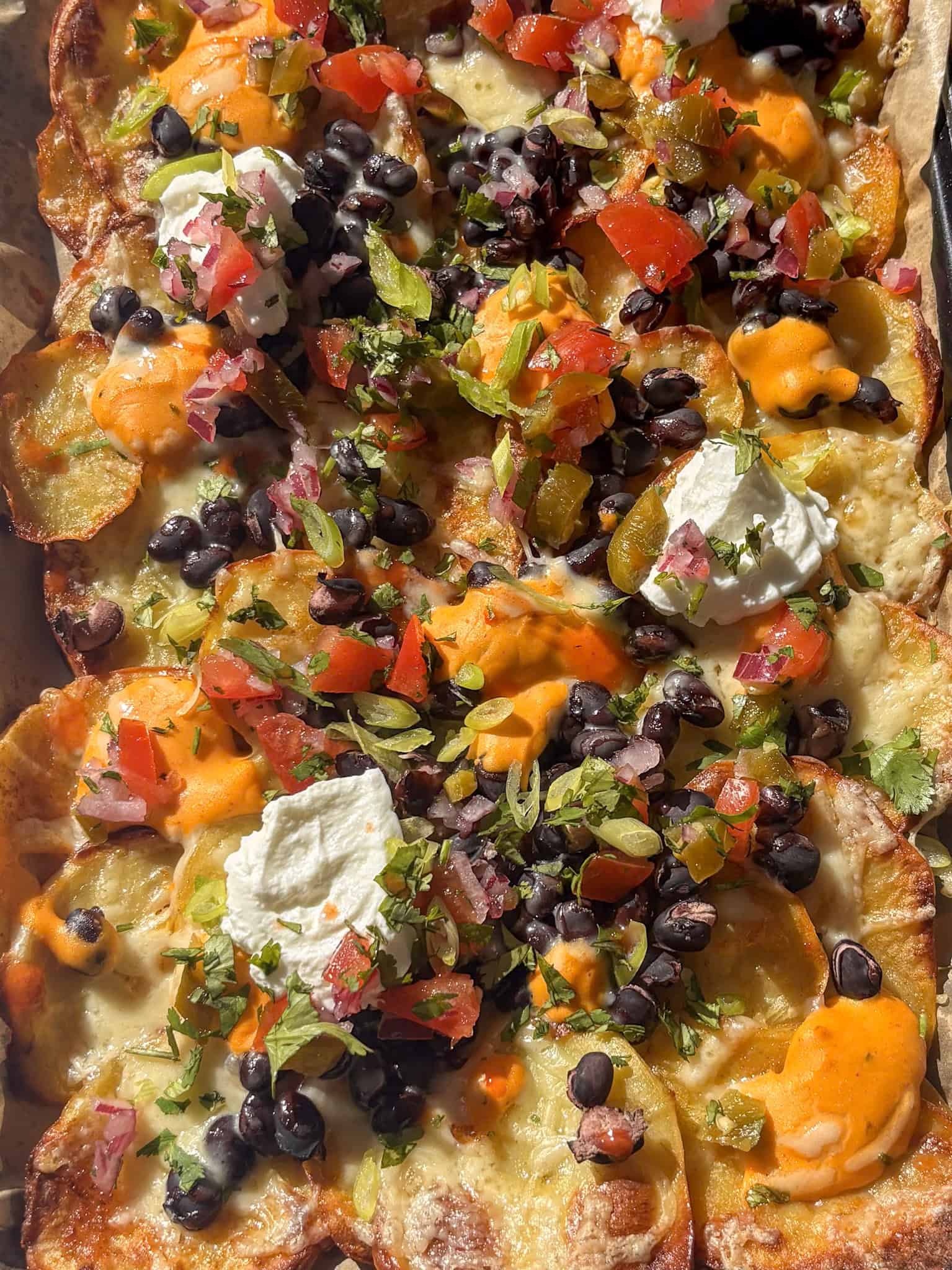loaded potato nachos, sliced baked potatoes loaded with cheese, cheese sauce, pico de gallo, blakc beans, cilantro, hot sauce, and sour cream