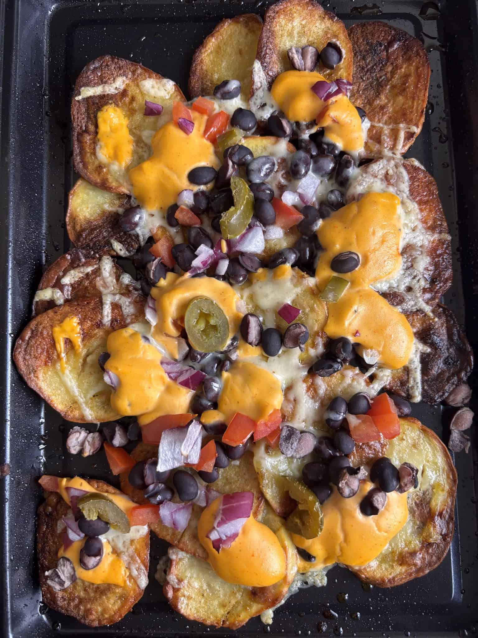 a shot of the potato nachos during testing - with some edges too crispy