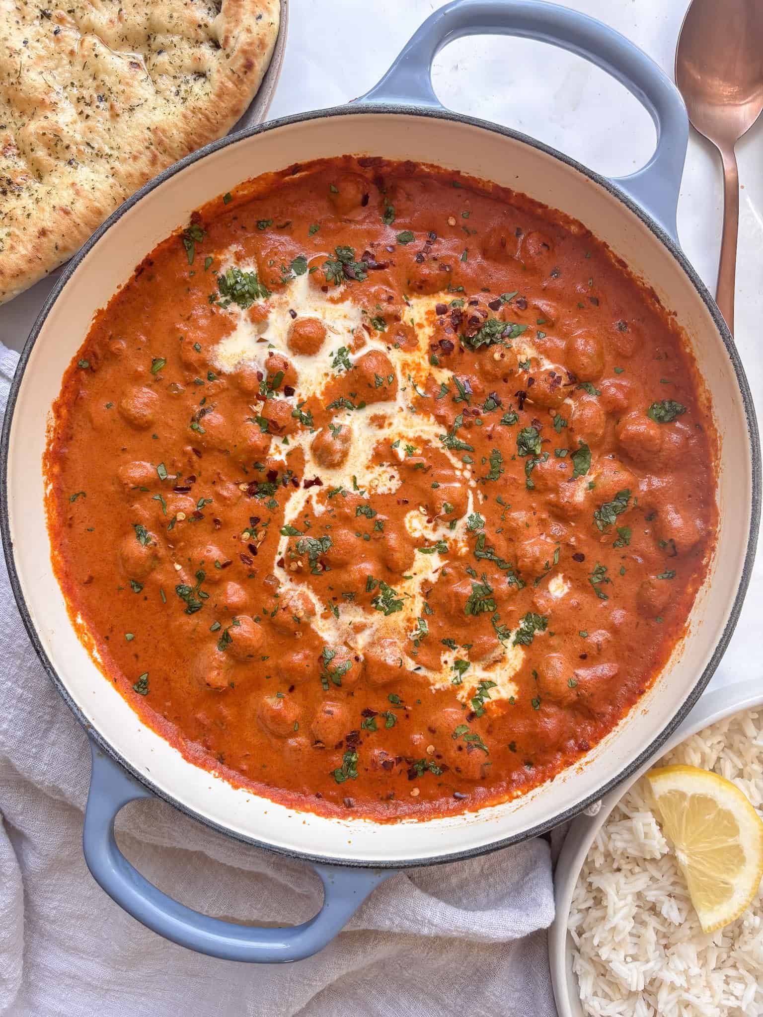 a casserole pan of creamy chickpea tikka masala