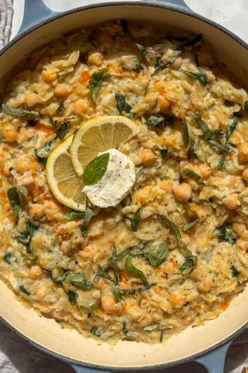a casserole pan of creamy lemon orzo