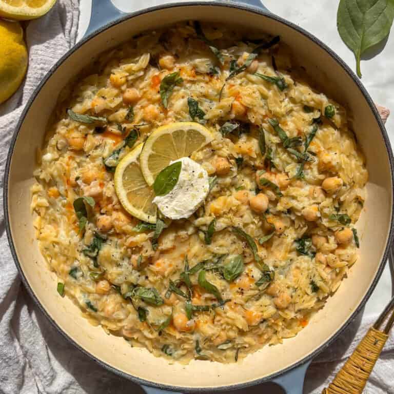 a casserole pan of creamy lemon orzo