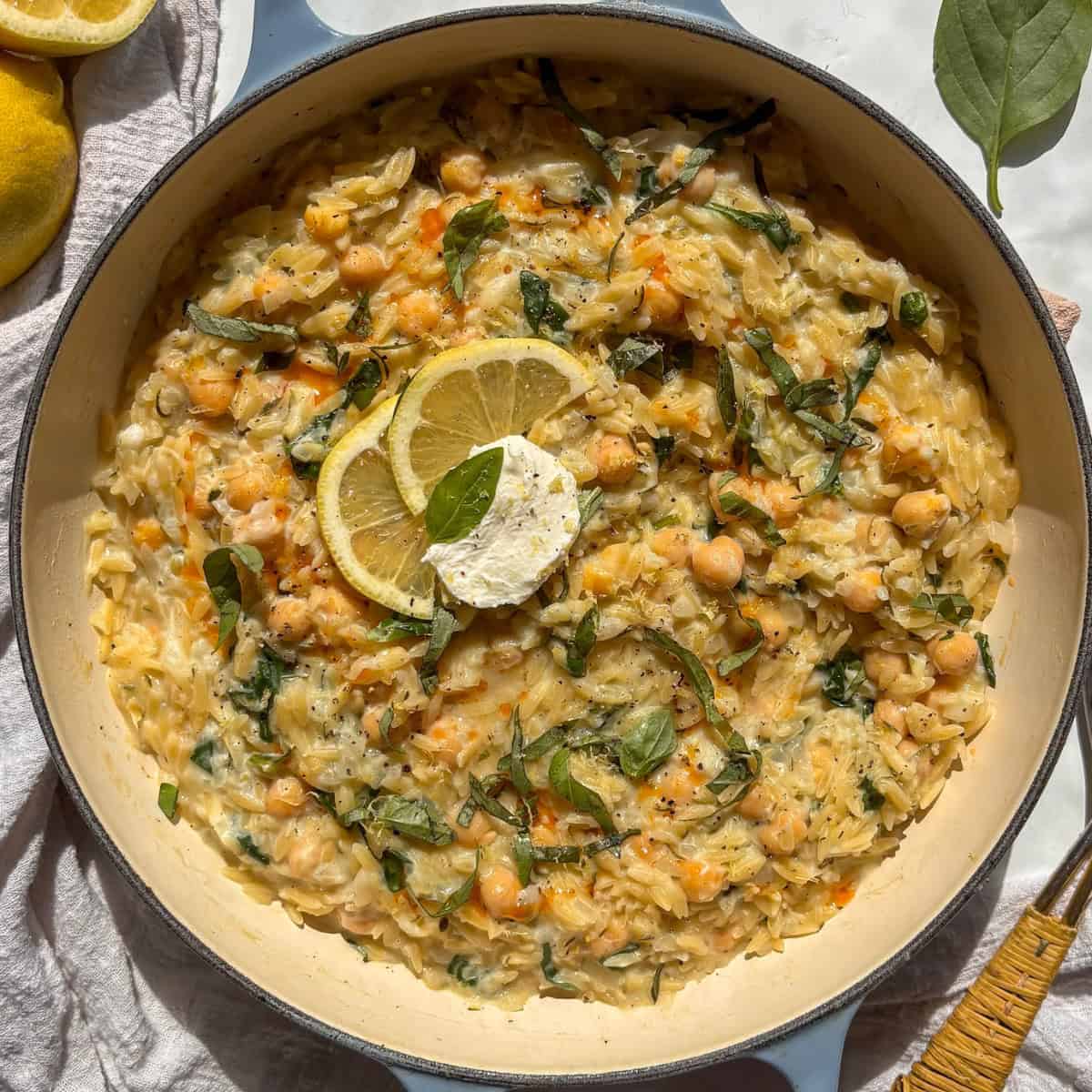 a casserole pan of creamy lemon orzo