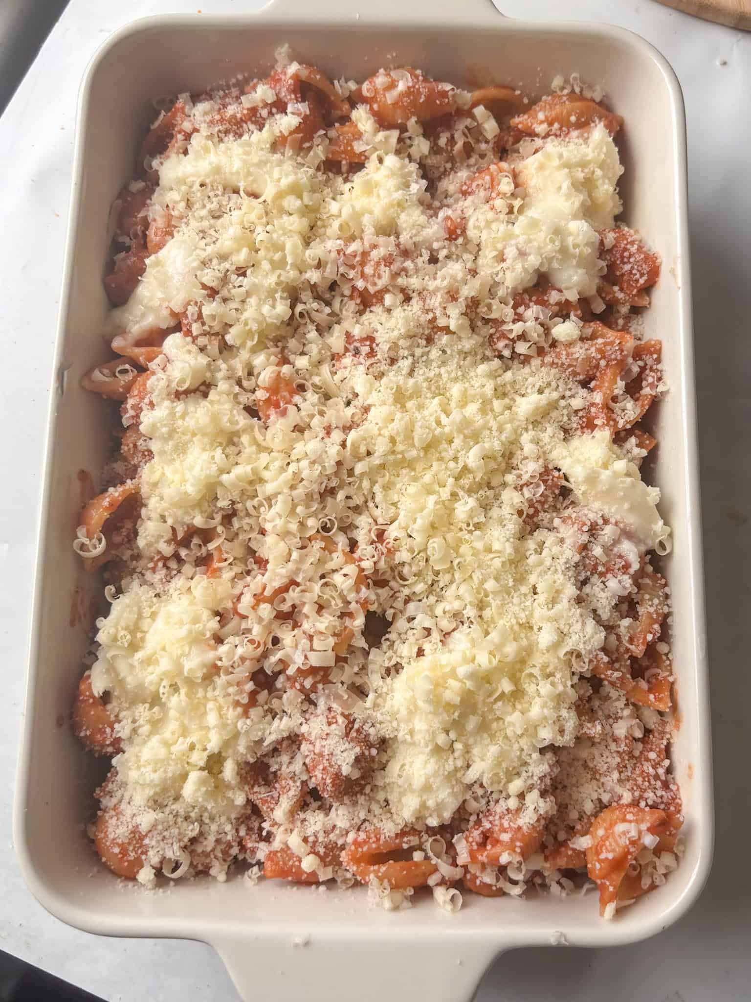 the creamy sausage bake ready to be baked or stored for cooking later!