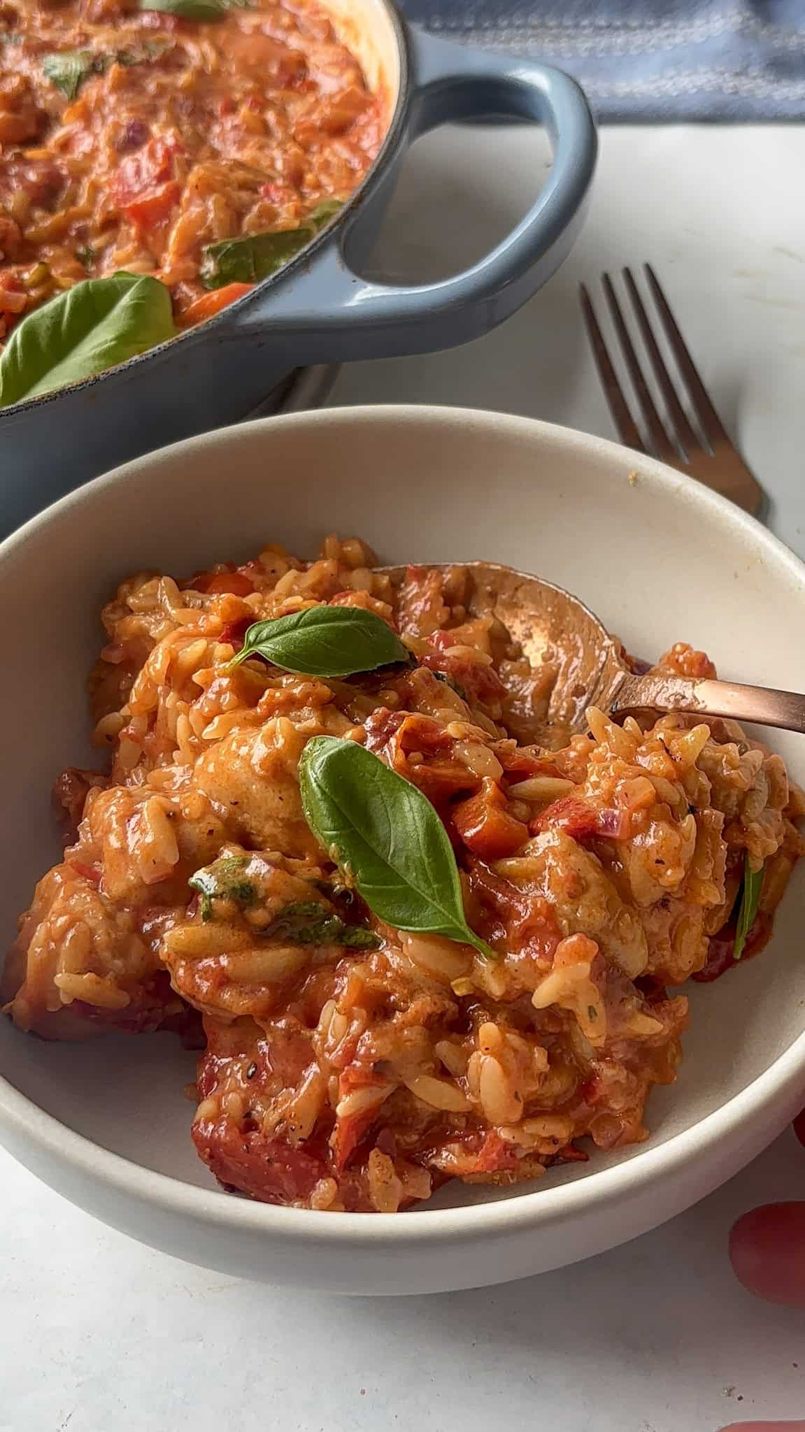 a white bowl of cheesy cajun sausage orzo topped with fresh basil