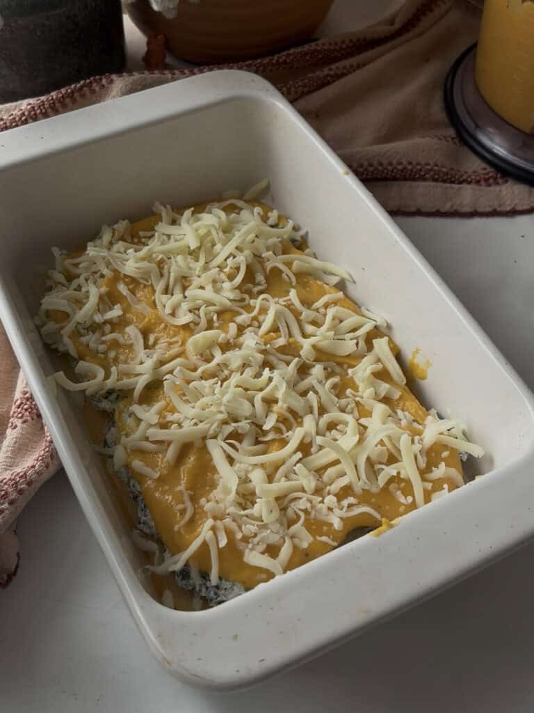 a layer of shredded mozzarella added to the lasagne