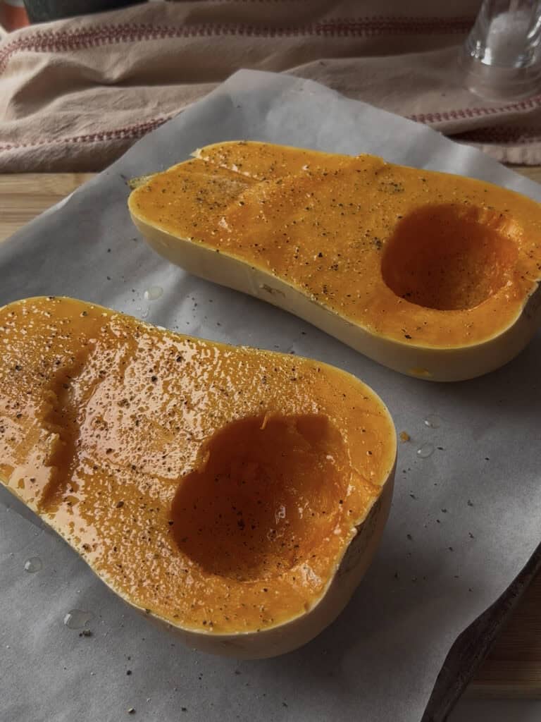butternut squash, halved and drizzle with olive oil and seasonings before being roasted