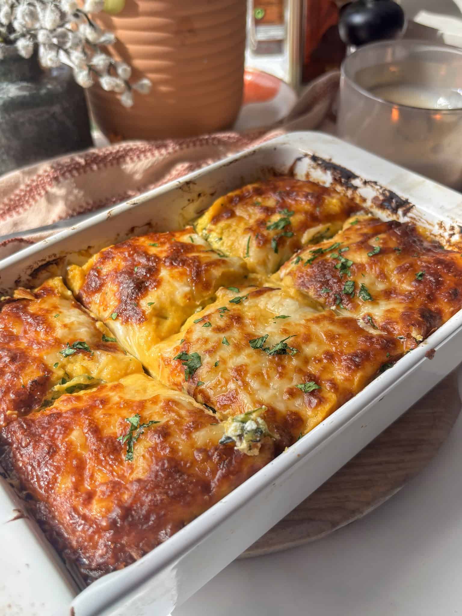the finished butternut squash and spinach lasagna