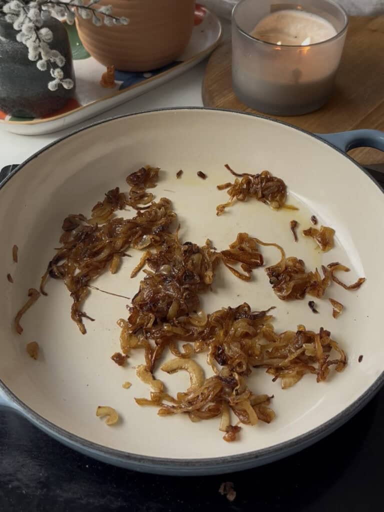 onions are caramelised in onion and butter, low and slow, ready for the base of the french onion pasta recipe